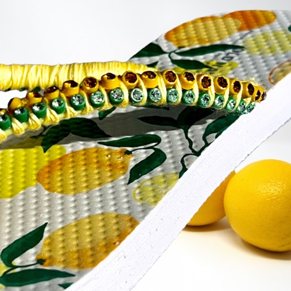 Crystal Bling Lemon Flip Flops, Handmade Embellishments, Beach Sandals, Size 7 - Picture 13 of 14